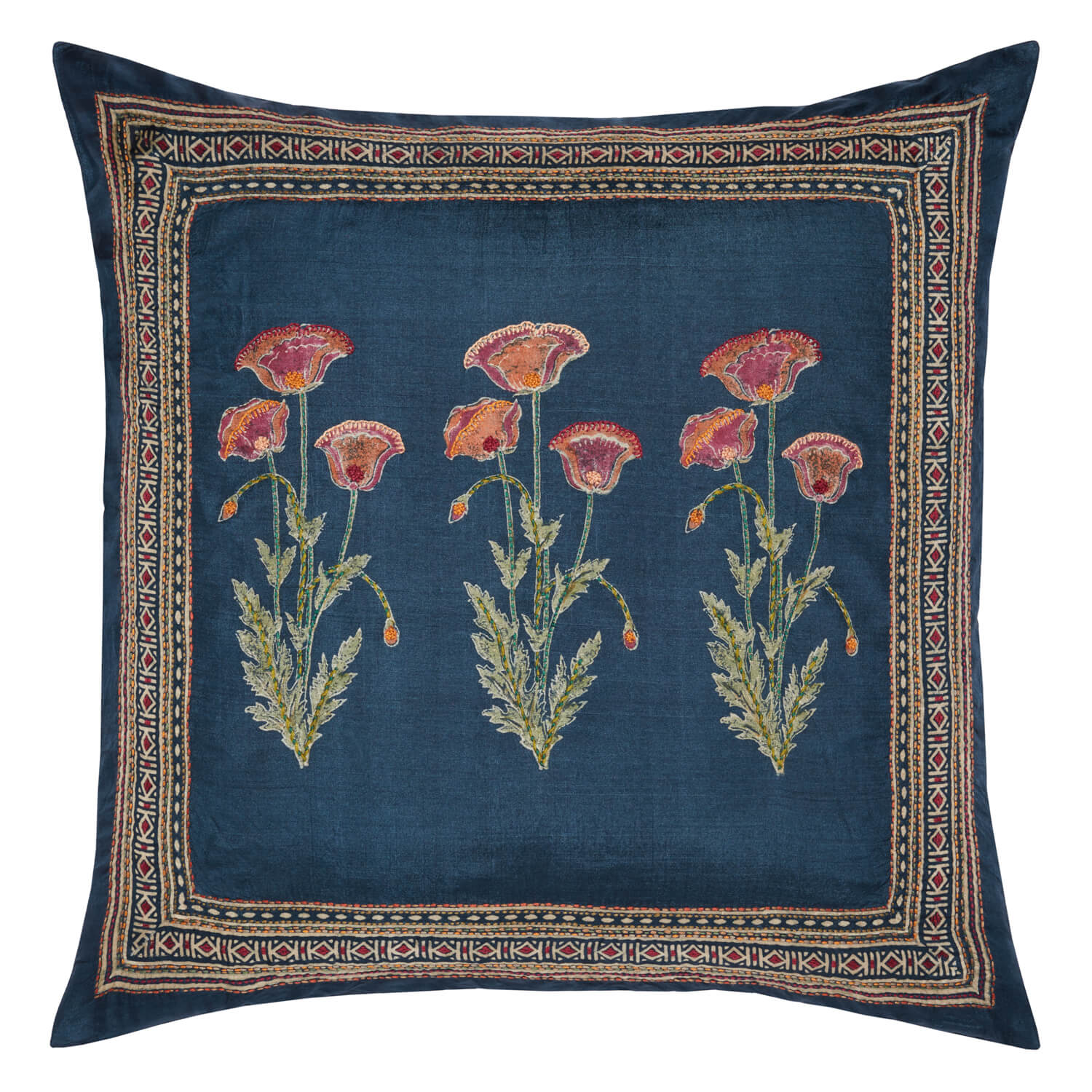Poppy Embroidered Silk Pillow Cover - Charcoal/Pink